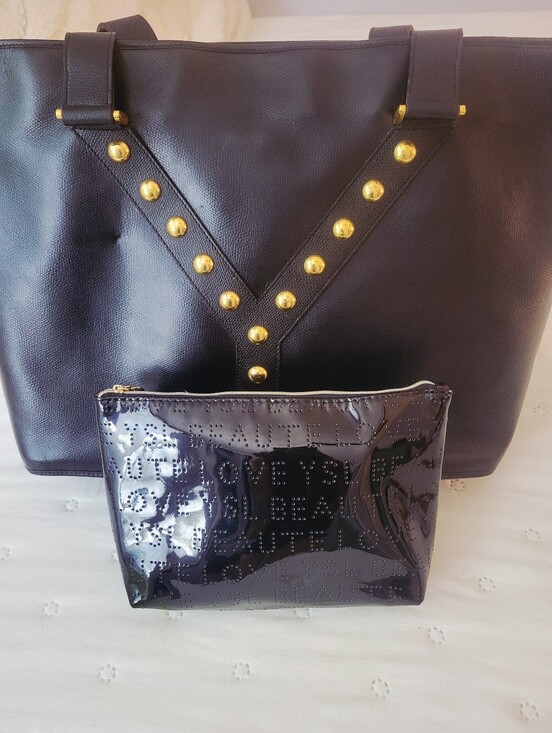 Yves Saint Laurent Handbags - Vintage YSL Black Studded Y Ligne Leather Tote Bag w/ COA &Free YSL BEAUTY POUCH